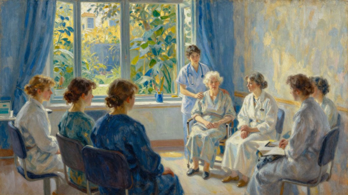Warm oil painting of a sunlit clinic sunroom with families and caregivers in gentle intergenerational care